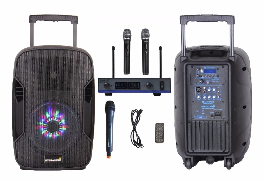 

STARAUDIO 10"PA DJ 1500W Pro Active Recharge Battery BT USB SD MP3 Stage Club Speaker W/ RGB LED Lighting 2CH UHF Mic SBM-10RGB
