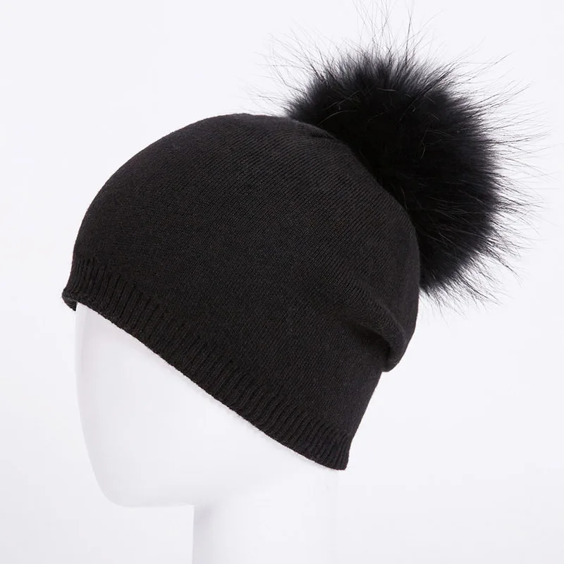 Осенне-зимние вязаные шерстяные шапки для женщин, модные шапки с помпоном, меховая шапка, женская теплая шапка с натуральным мехом енота - Цвет: 07