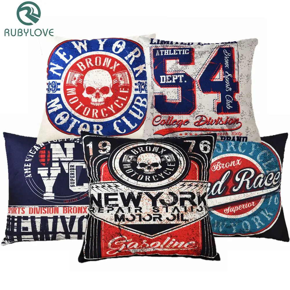 

RUBYLOVE American Style New York Motor Club Skull Print Cushion Cover Decorative Pillows Case Home Car Seat Decor Pillow Covers