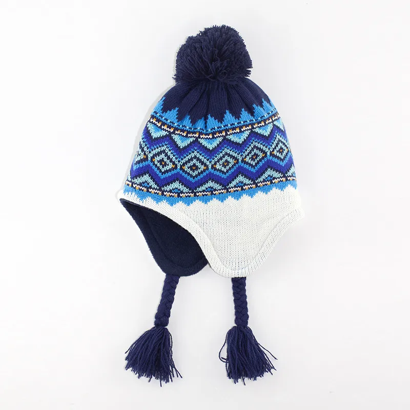 

6M to 5 years baby & kids boys winter jacquard geometric print fleece earflap beanie hats children fashion casual warm hat caps