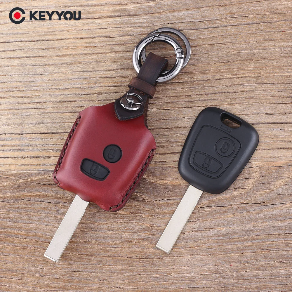 

KEYYOU 2 Buttons Leather Key Shell For Peugeot 307 206 205 Car Keys Cover Keychain Case Key Protector Bag