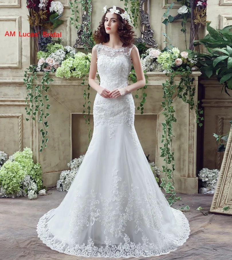 Long Mermaid Wedding Dresses Deep V Back Appliques Off The