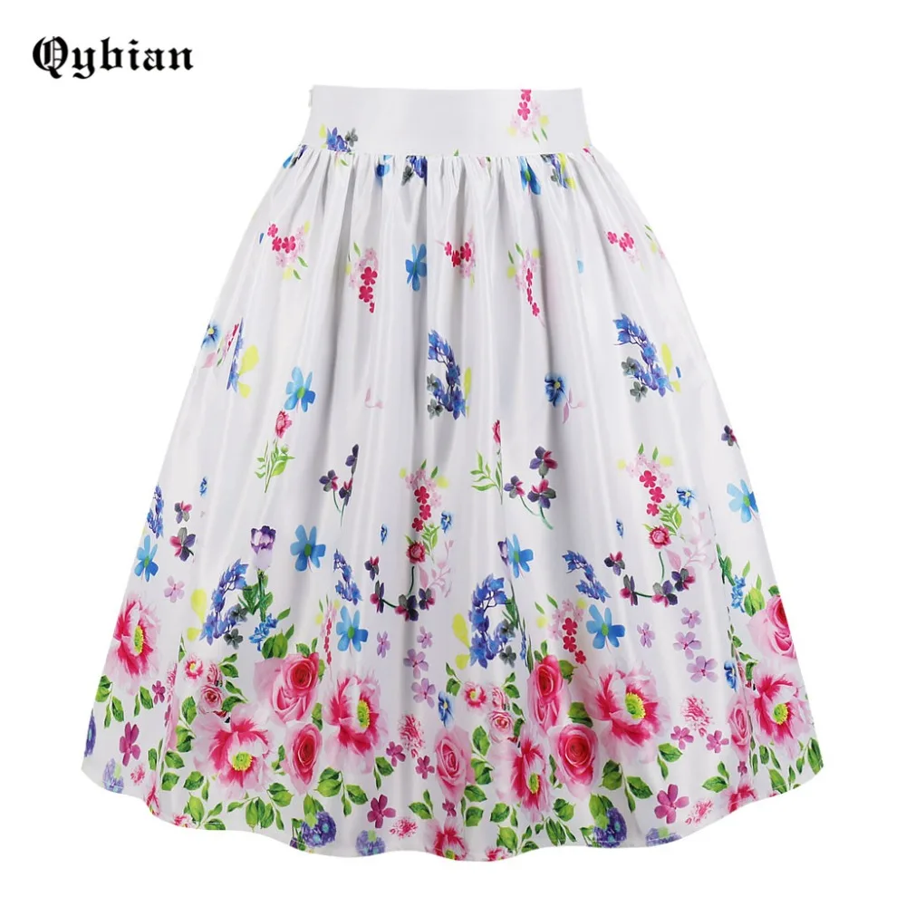 Qybian Pink rose Print Skirt Women High Waist Vintage Skirts Pocket