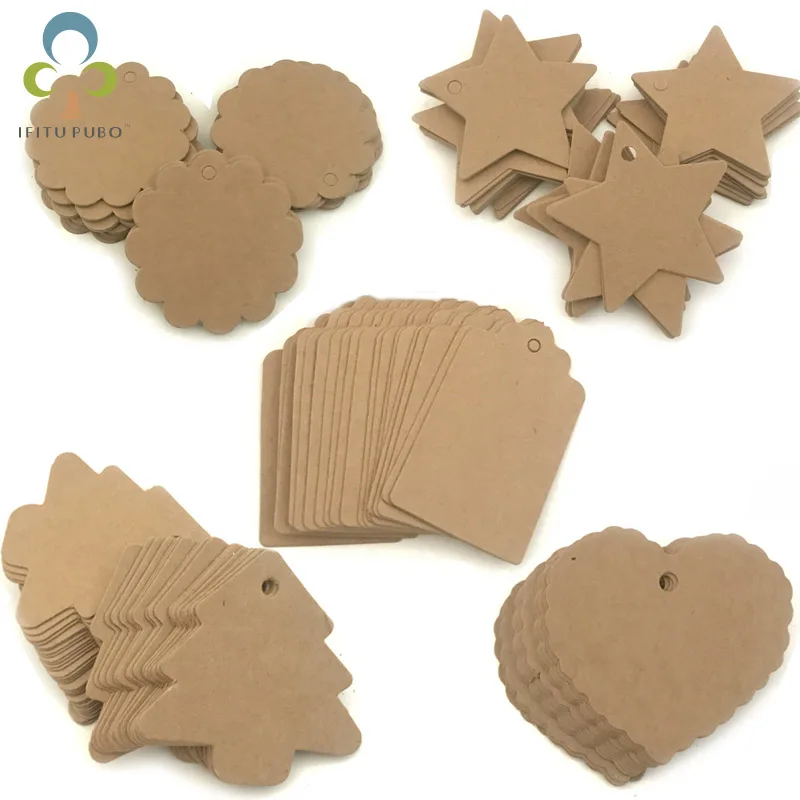 

50pcs/bag Packaging Label Kraft Paper Hang Tags DIY scallop Heart Star tree Label Wedding Gift Decorating Tag WYQ