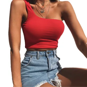 

hirigin Women One Shoulder Crop Tops Sleeveless one off shoulder sexy T-Shirt Summer 2018 solid color fashion casual t shirt tee