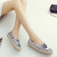 2016 spring autumn high quality casual shoes women flat European Eye Embroidery Hemp Fisherman Shoes Flat Glitter Slip On Silver