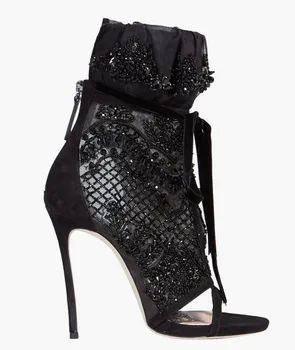 

Abesire New Design Women Fashion Open Toe Black Mesh Rhinestone High Heel Gladiator Boots Crystal Lace-up Ankle High Heel Boots