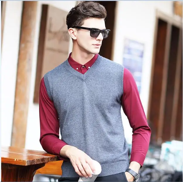 Новейшие разработки V шеи сплошной цвет мужские без рукавов вязать кашемировый свитер жилет - Цвет: Серый