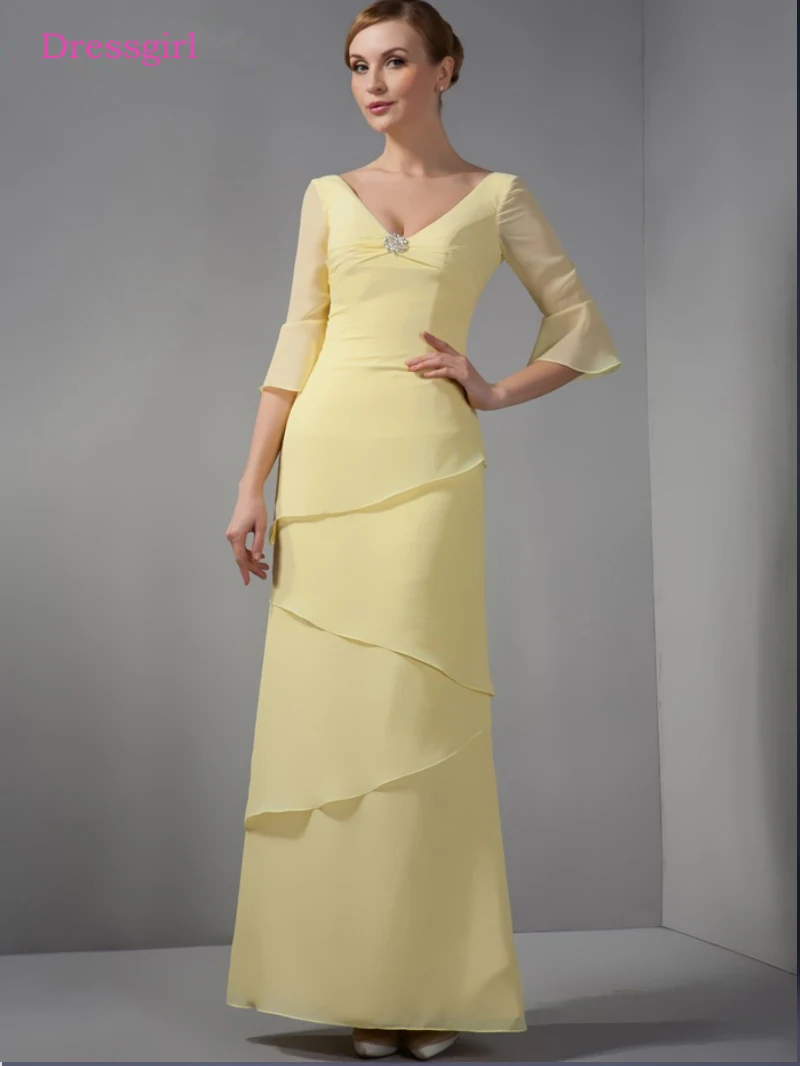 Geel 2019 Moeder Van De Bruid Jurken M V-hals 3/4 Mouwen Chiffon Tiered Lange Elegante Bruidegom Moeder Jurken Wedding Geel 2019 Moeder Van De Bruid Jurken M V-hals 3/4 Mouwen Chiffon Tiered Lange Elegante Bruidegom Moeder Jurken Wedding