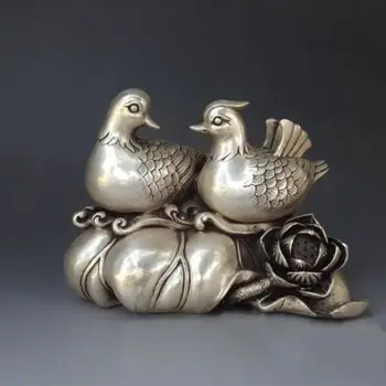 

China Silver Carved Mandarin Duck On Lotus Flower Auspicious Statue
