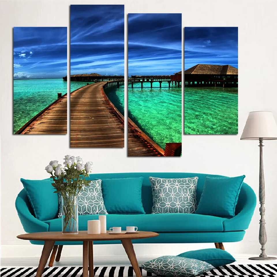 Fashion 4 Piece Seascape Blue Seawater Modern Wall Art HD Picture