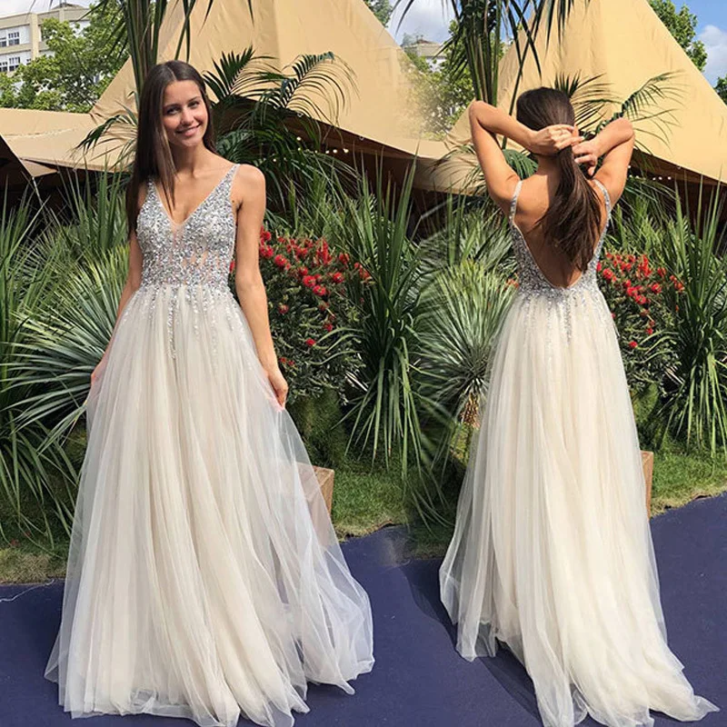 

Women White Chiffon Dress Sexy V-neck Sequined Backless Long Dresses Party Dress Elegant White Mesh Dresses