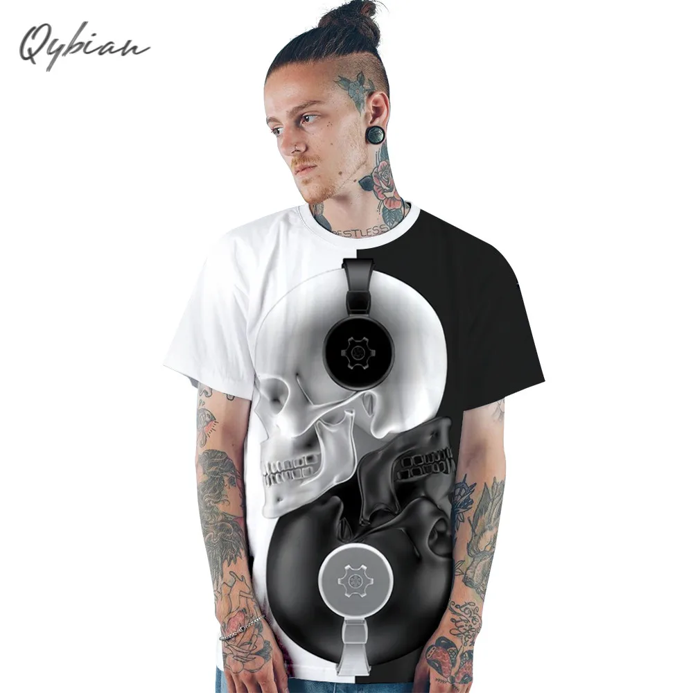 

Fashion High Street New T-Shirt Men Breathable tai Chi Skull Headphones Black White T Shirt Tees Men T Shirt Harajuku