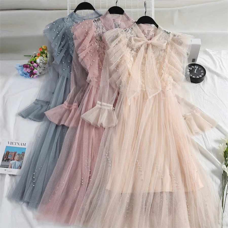 

2019 Spring Sweet Long Flare Sleeve Hollow Out Lace Dresses Women Romantic Flare Sleeve Ruffles Lace Dresses Lady Lace Dress