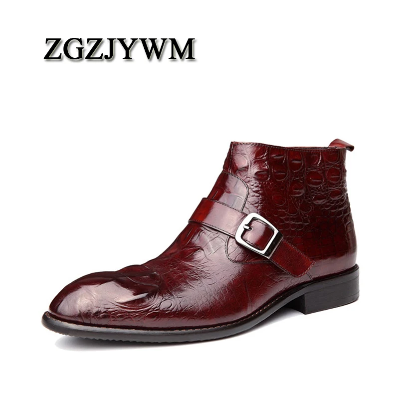 

New Fashion High Quality Black/Red Wine Crocodile Pattern Breathable Slip-On Genuine Leather Pointed Toe Oxford Boots For Men