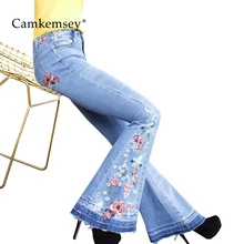 CamKemsey S-3XL плюс Размеры Высокая талия джинсы женщина цветочной вышивкой джинсы для Для женщин Повседневное расклешенные брюки женские брюки