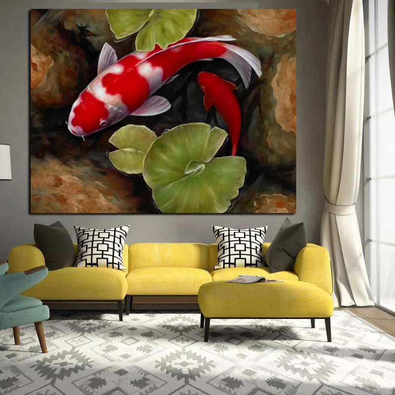 Print Chinese Koi Fish Lotus Feng Shui Animal Landscape Canvas Painting Wall Art Picture For Living Room Moder Sofa Home Decor