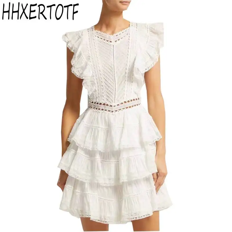 summer Cotton Patchwork Lace Cake Dress Runway Layers Ruffles Puff Sleeve Dress Women Hollow Out Vestidos