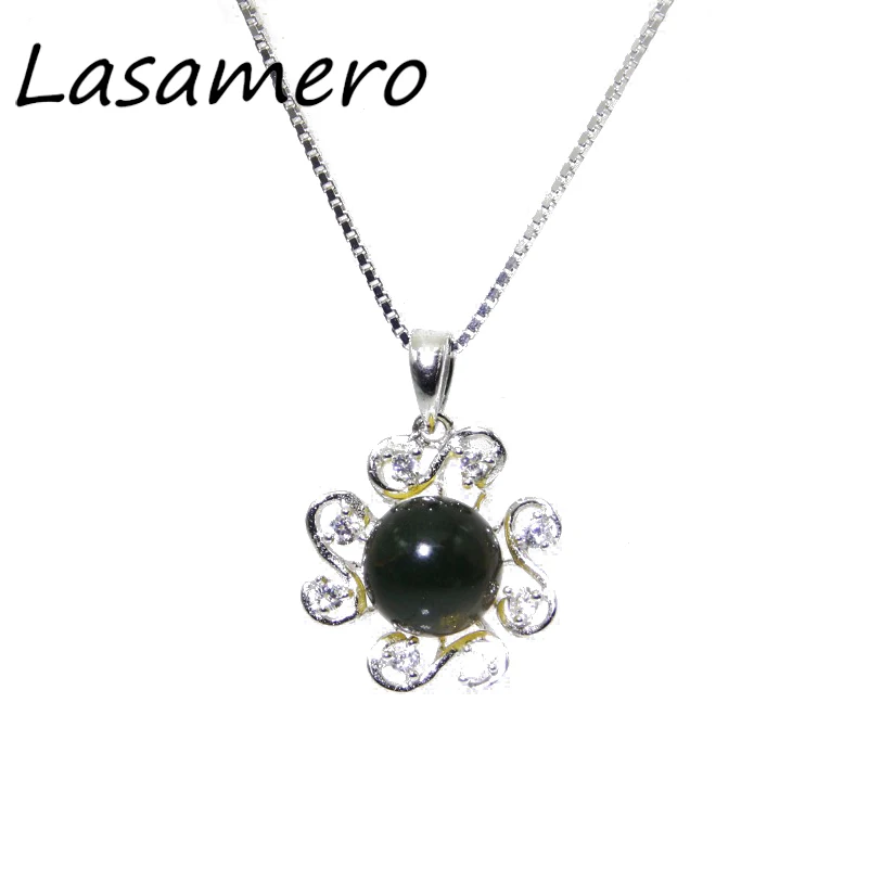 

LASAMERO 8.5mm Natural Stone Blue Amber 925 Sterling Silver Art Deco Solitaire Pendant Necklace