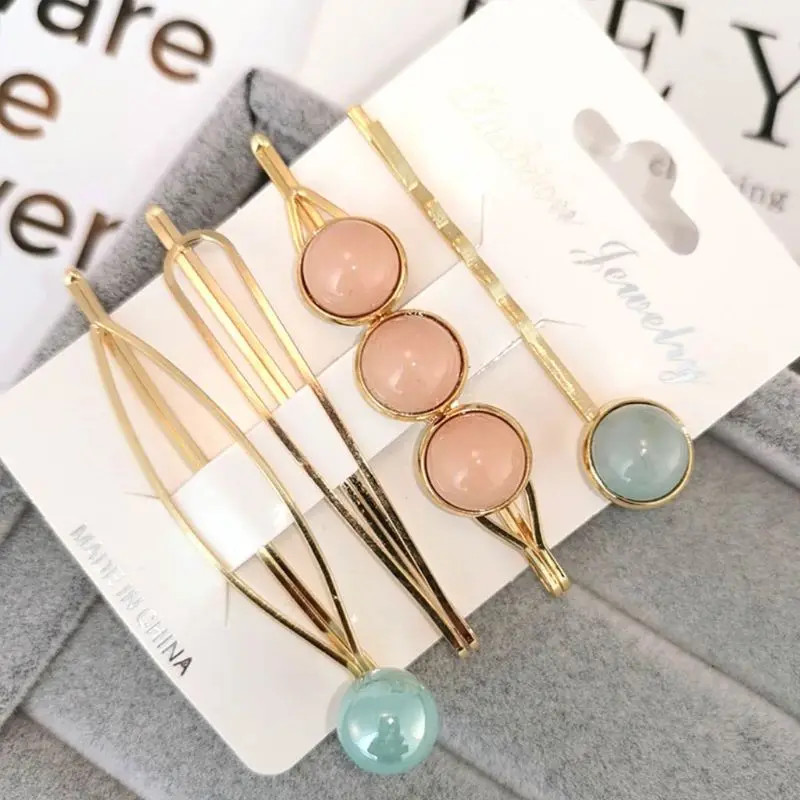 

4Pcs/Set Women Girls Metal Alloy One Word Hair Clips Candy Color Faux Pearl Geometric Rhombus Hairpins Minimalist Wavy Barrettes