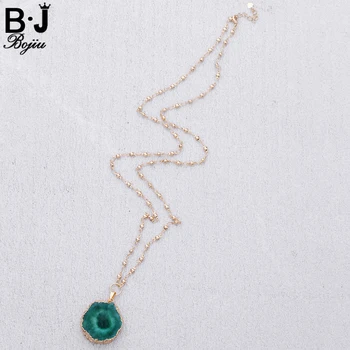 

BOJIU Women Necklace Long Necklace New Fashion Classic Girl Colourful Stone Pendant Necklaces With Copper Chain NKS021