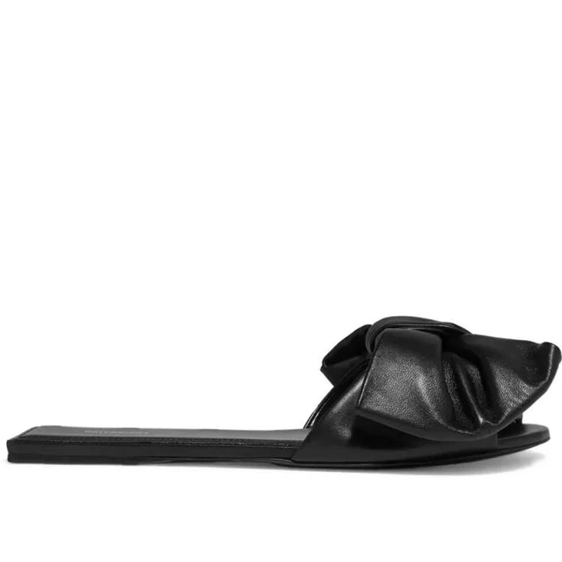 

2019 Sheepskin Slippers Women Flat With Ladies Summer Slides Bow Tie European Microfiber Leather Mules Shoes