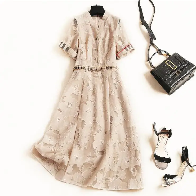 

European and American women's clothing 2019 summer new style With short sleeves collar Fashion belts Flower dress