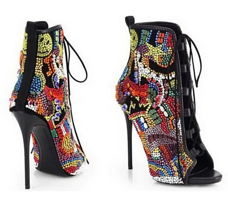 

Luxury Embroidered Fashion Boots Luxury Design Women Faux Suede High Heels Pointed Toe Short Booties Gladiator Lace Up Boats