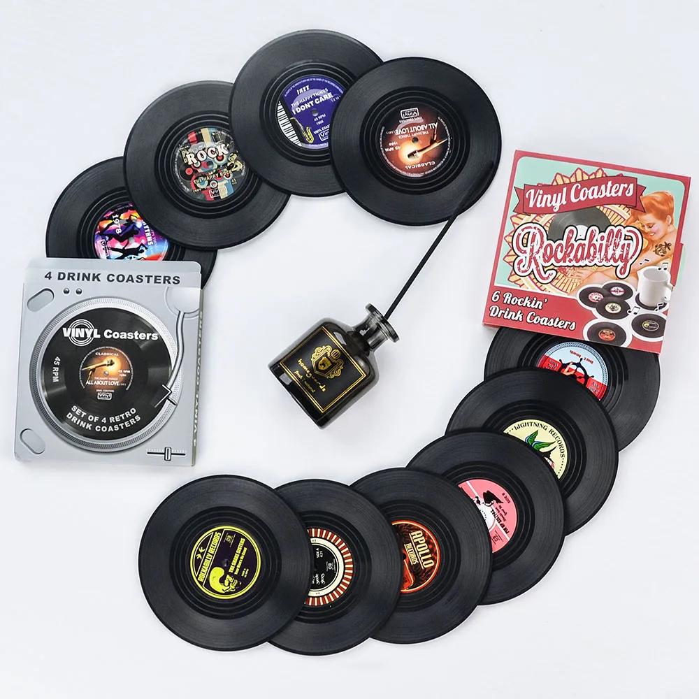 Set of 6 Vinyl Coasters for Drinks Music Coasters with Vinyl Record Player  Holder Retro Record Disk Coaster Mug Pad Mat Creative Decoration for Bar  Home Office 