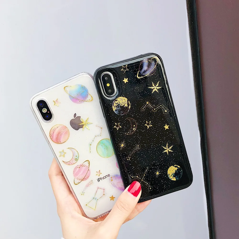 

Phone Case For iPhone 6 6S Plus 7 Cases Saturn Transparent Silicone Cover For iPhone 8 Covers Soft TPU glitter For iPhone X Case