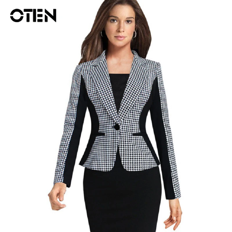 

OTEN 2018 fashion Women Autumn Plus Size Office Work wears slim black white Houndstooth blazer and cardigans ladies Suit jackets
