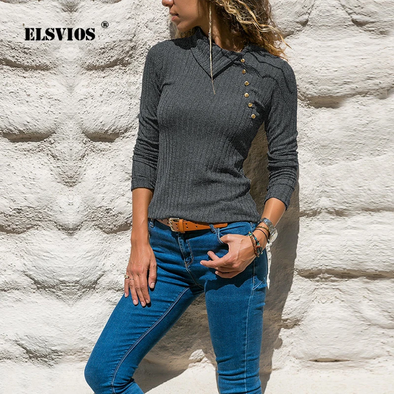 

ELSVIOS Autumn Irregular Turtleneck Sweater Jumper Women Button Slim Knitwear Tops Casual Pullover Solid Elegant Female Clothes