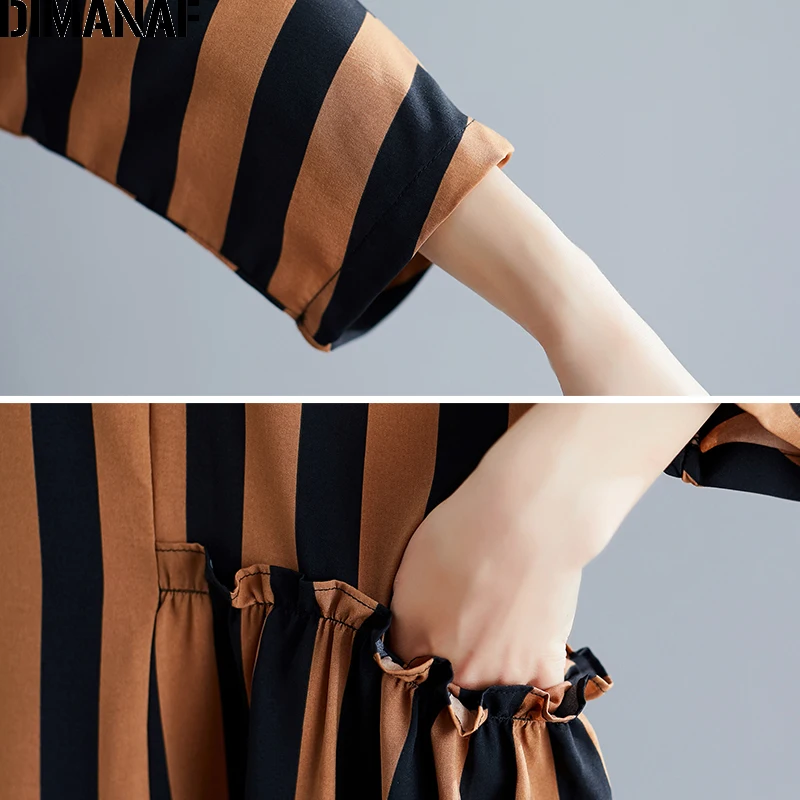 DIMANAF, женское платье большого размера, винтажное, для женщин, Vestidos, большой размер, летнее, сарафан, с принтом, в полоску, свободные, с длинным рукавом, платья