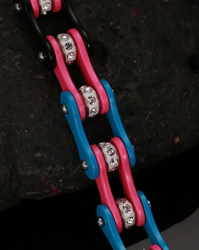 Панк розовый велосипедный браслет для велосипедной цепи для женщин мужчин из нержавеющей стали 316L Женский Кристалл мотоциклетная Байкерская цепь браслеты ювелирные изделия