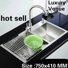 Роскошные высокой емкости мыть овощи wogue кухня ручная раковина двойной паз 304 нержавеющая сталь мини 750x410 мм