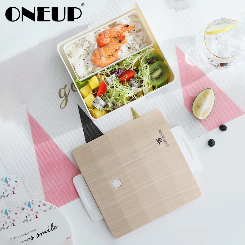 

ONEUP Lunch Box With Wooden Cover Portable Food Container Picnic Office Leakproof Compartment Food Container School Lunch Box