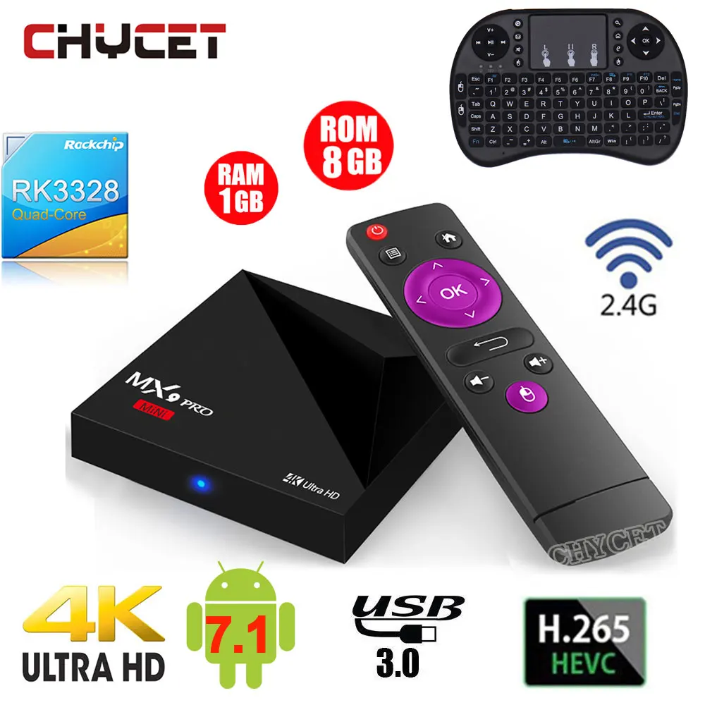 

MX9 Pro mini Android 7.1 TV Box RK3328 Quad Core 4K VP9 H.265 HDR10 USB3.0 1G / 8G Mini PC 2.4G WiFi LAN HD Media Player