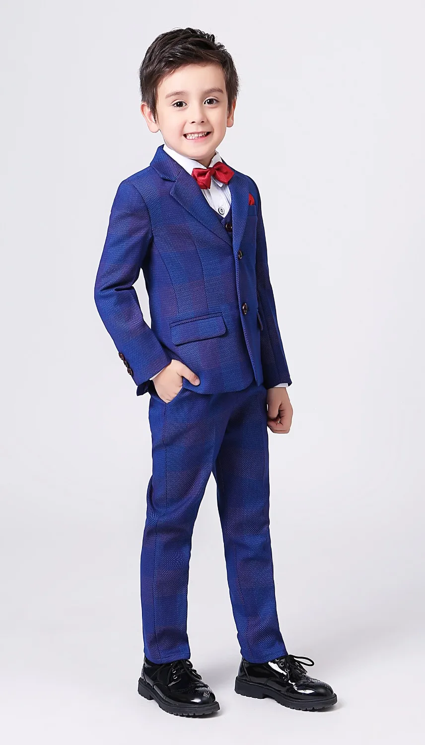 5 шт. для мальчиков синий плед костюмы Slim Fit подносителя колец костюм деловой