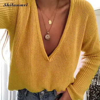 

Women Autumn Deep V Neck Sexy Knitted Sweaters And Pullovers Sexy Yellow Long Sleeve Solid Pink Pull Femme Causal Sweater 2018
