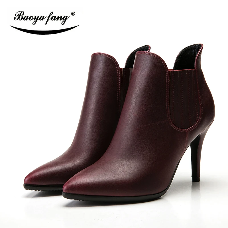 BaoYaFang font b Womens b font Winter Boots leather ankle boots woman 9cm thin heels pointed