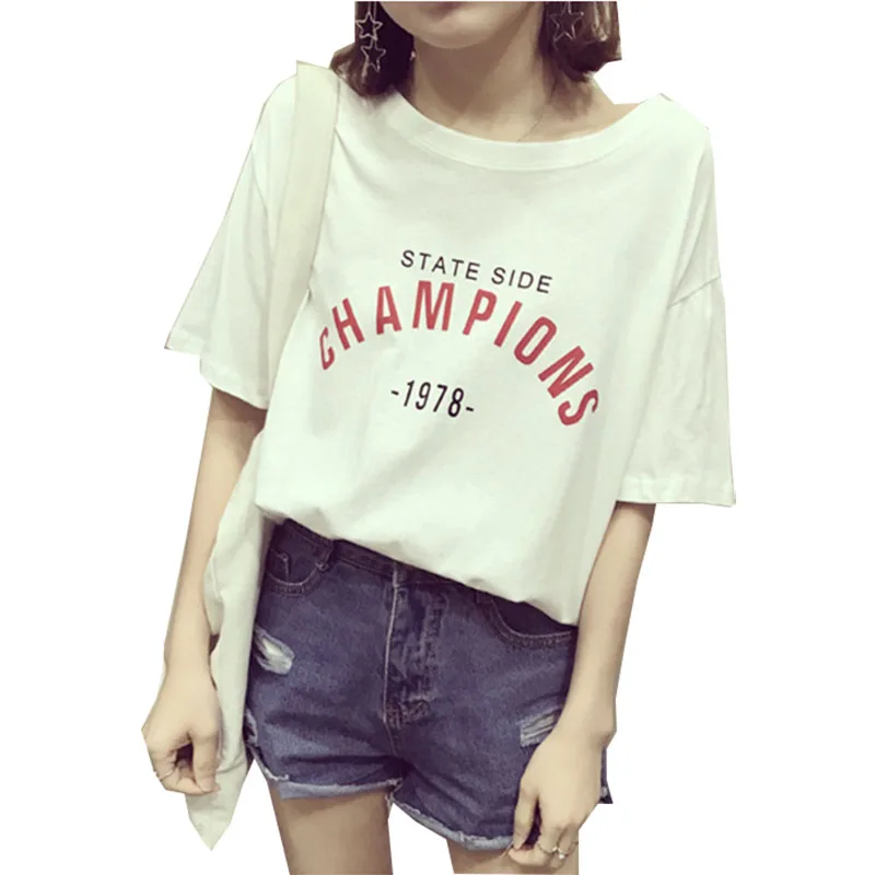 Женская футболка, летняя новая Корейская футболка с буквенным принтом чемпионов, футболка с коротким рукавом, Женская дешевая одежда, акция, T035