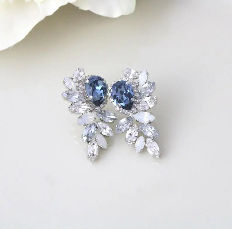 

Navy Blue Bridal Earrings, Wedding Earrings, Bridal Jewelry, Opal Statement Earrings, Rhinestone Stud Earrings, Wedding Jewelry
