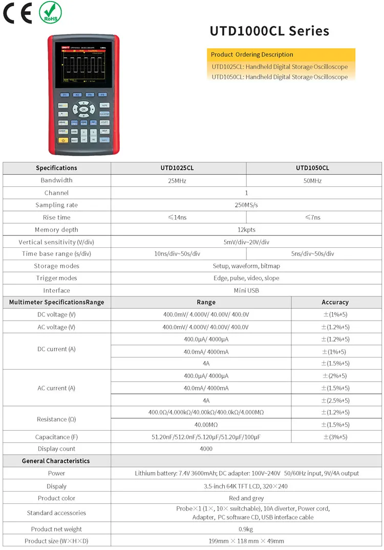 UNI-T UTD1050CL одноканальный Портативный цифровой осциллограф 50 МГц полоса пропускания 200 мс/с частота дискретизации