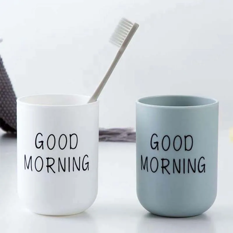 

Simple Nordic Plastic Toothbrush Holder Portable Washing Cup Good Morning Tooth Brush Storage Organizer Cup Bathroom Suppliers