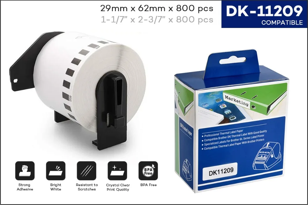 CIDY совместимый для Brother Labels Dk-11209 62 мм x 29 мм 800 этикеток в рулоне термостикер Dk 11209 DK 1209 Dk1209