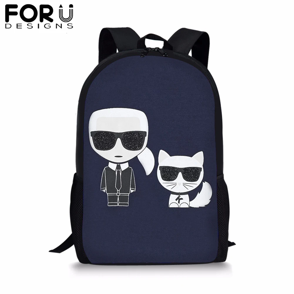 

FORUDESIGNS Black School Backpack for Teenager Girl Students Karl Lagerfelds Cartoon BookBag 16 inch Satchel Daypack Boy Mochila