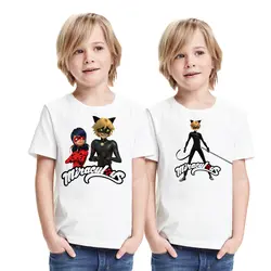 2 шт./лот Lady Bug Кот Нуар для мальчиков футболка Чудесное Божья коровка детская футболка для девочек с рисунком для малышей смешные футболки