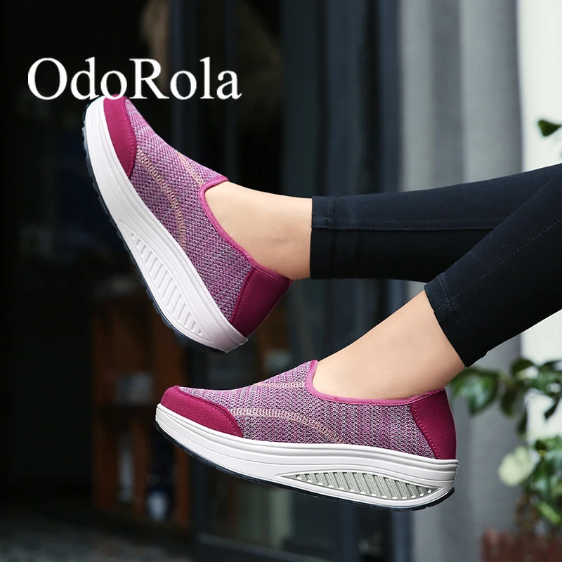 

OdoRola Women Platform Flat Sneakers Breathable Casual Sports Walking Shoes Slip-on Loafers Women Fitness Shaking Shoes Flats