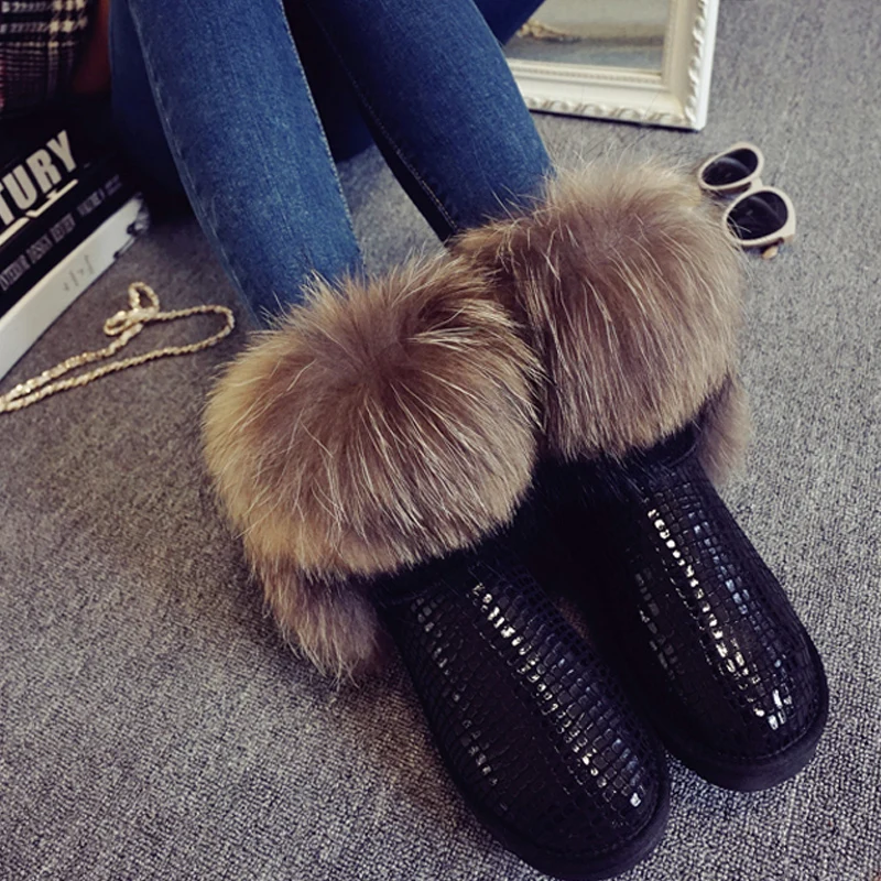 Top Fashion 2020 Women's Natural Fox Fur Snow Boots 100% Genuine Cow Leather Winter Boots Female Winter Shoes Women Boots