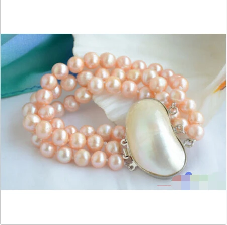 

P4845 3row 8" 9mm round pink freshwater pearl bracelet mabe clasp @^Noble style Natural Fine jewe SHIPPING 6.2 6.02